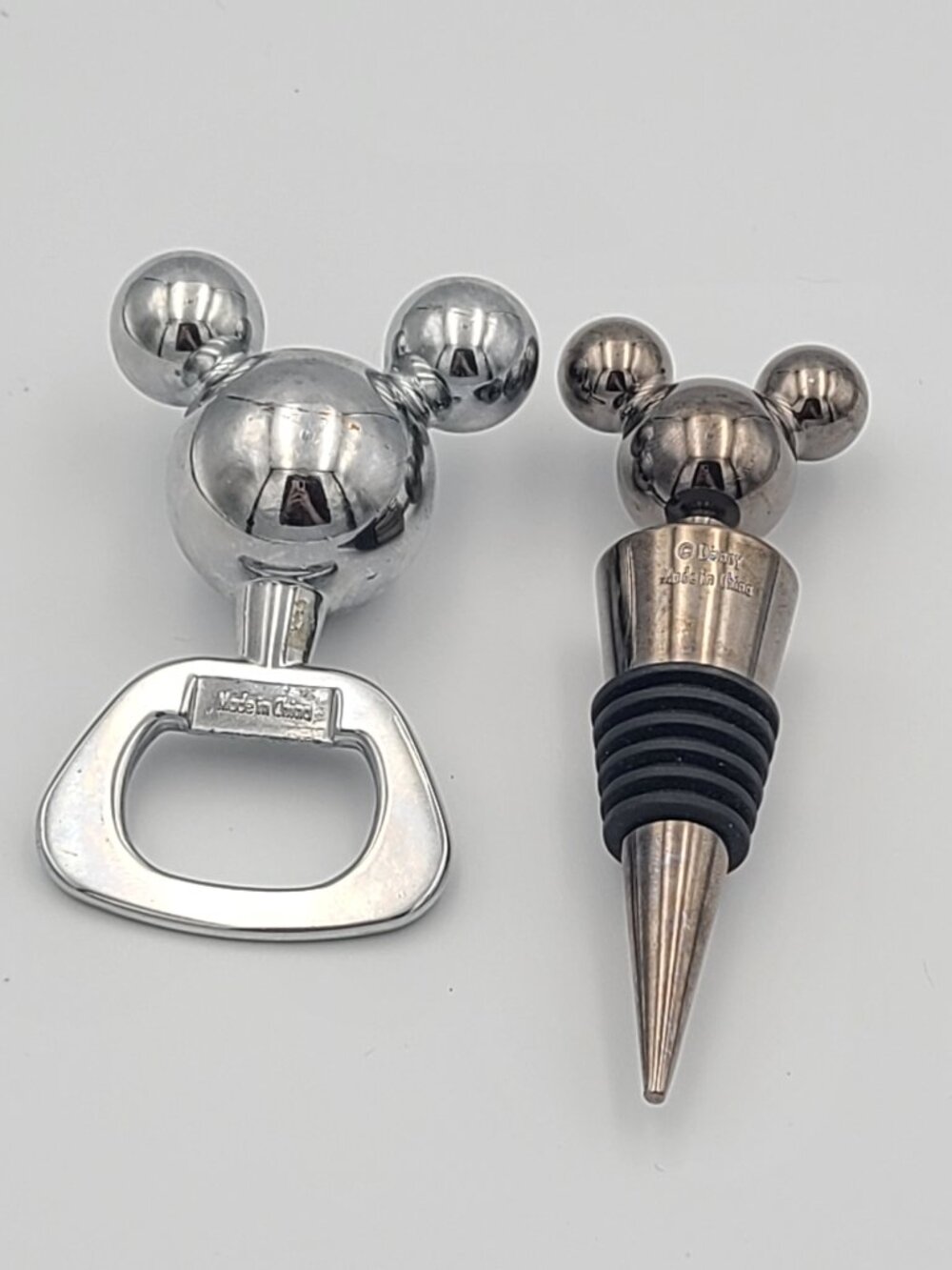Disney Parks Mickey Mouse Wine Bottle Stopper & Opener Set Chrome Silver Metal